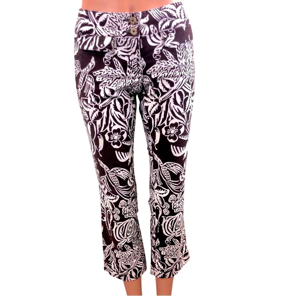 CAbi Serengeti Cropped Pants Brown White Tropical Print Sunset Keyna Style 351